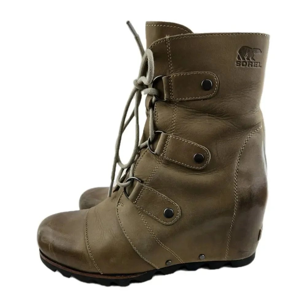 Sorel Boots Womens 9 Joan Of Artic Wedge Mid Tan Distressed Dark‎ Fog Waterproof